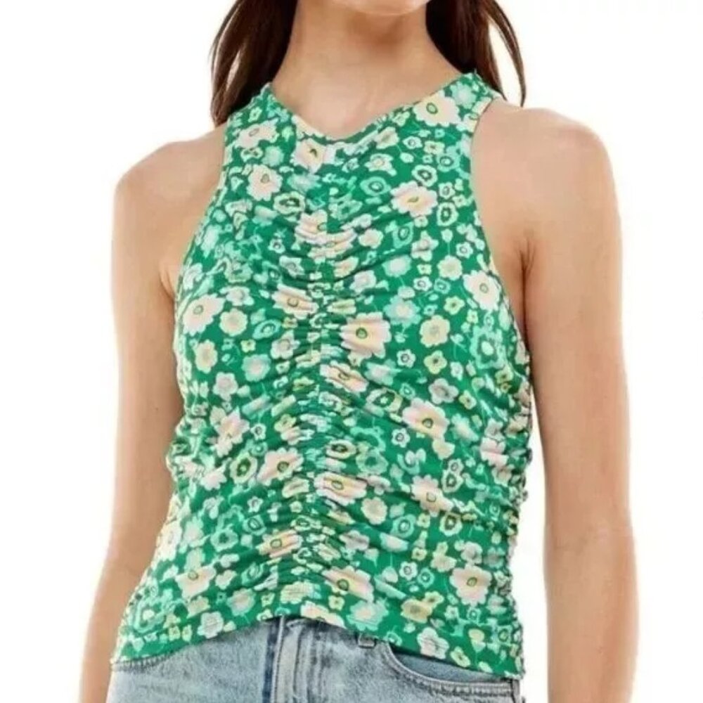 NEW WAYF Main Squeeze Ruched Tank Sleeveless Kelly Daisy Floral Top Shirt